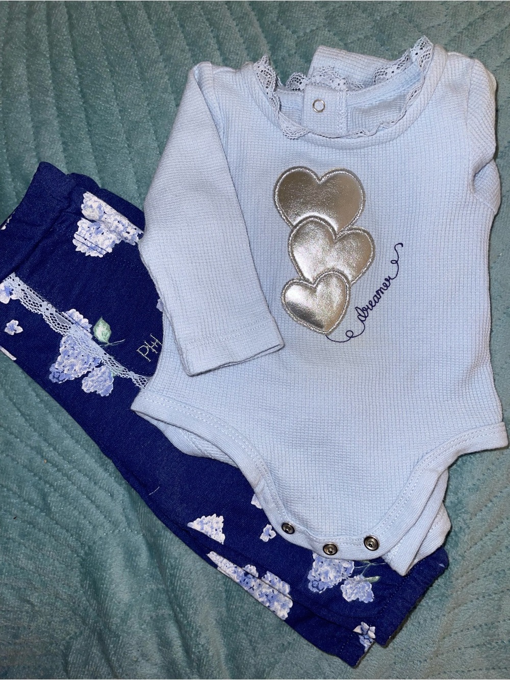 Paris Hilton Baby Ribbed Top with Lace Trim - Light Blue